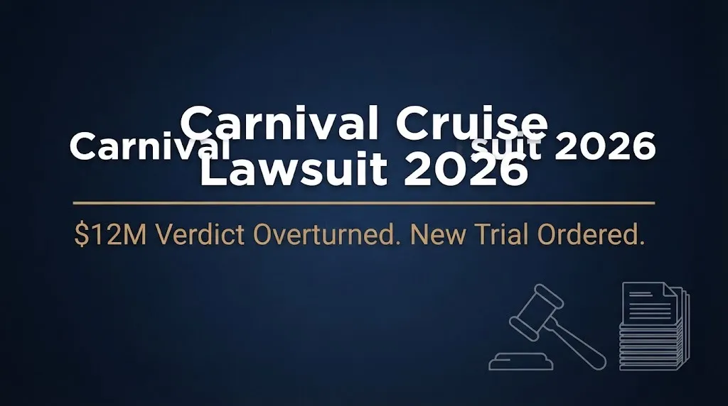 Carnival cruise lawsuit 2026 banner showing $12M verdict overturned and new trial ordered.