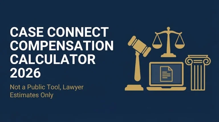 Case Connect compensation calculator 2026 headline with gavel and laptop showing not a public tool.