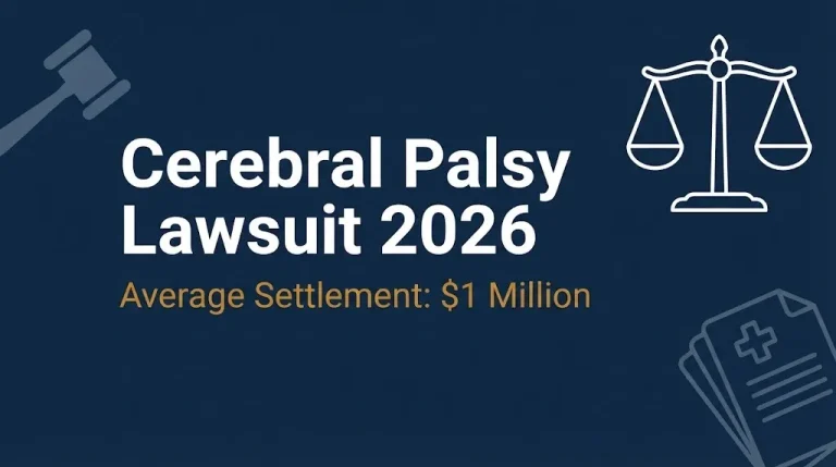  Cerebral palsy lawsuit 2026 banner showing $1 million average settlement amount.