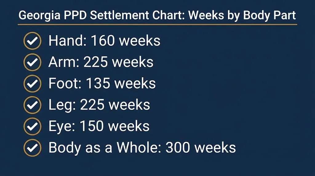 Chart showing Georgia workers' comp settlement weeks by body part, including hand, arm, leg, and back injuries.