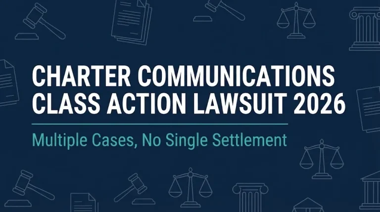 Charter Communications class action lawsuit 2026 hero banner with gavel and scales symbols.