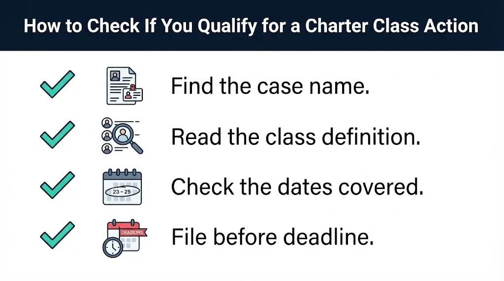 Charter class action eligibility checklist showing case name, class definition, dates, and deadline.