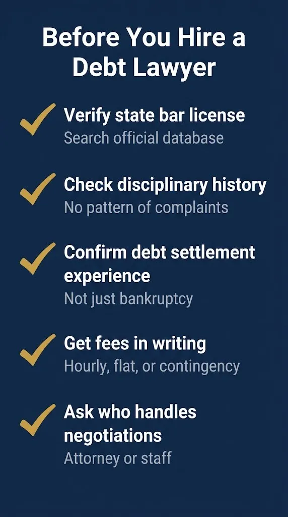 Checklist before hiring a debt settlement lawyer with license verification steps