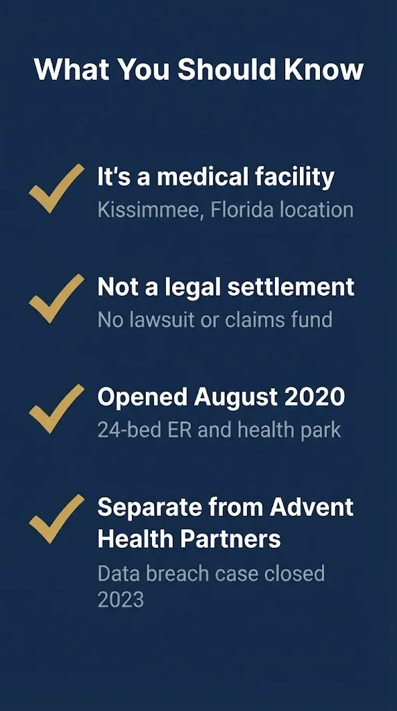 Checklist explaining AdventHealth Partin Settlement Health Park is a facility not a lawsuit