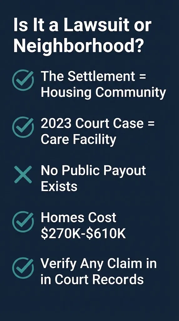 Checklist explaining The Settlement Simpsonville is a neighborhood not a lawsuit or payout