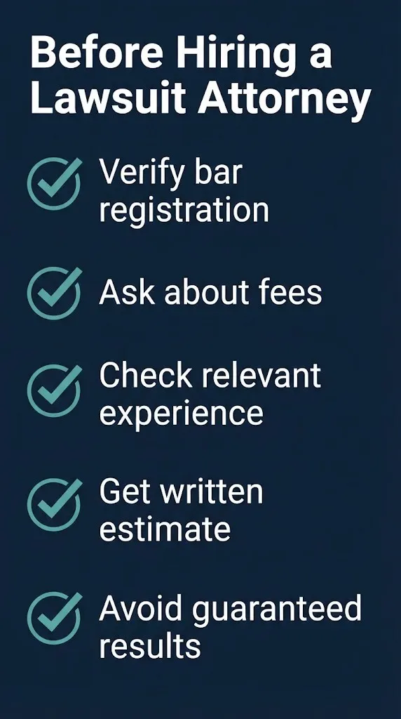Checklist for hiring a lawsuit attorney including credential verification and fee questions