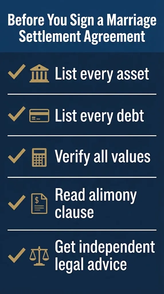 Checklist for reviewing a marriage settlement agreement before signing in 2026
