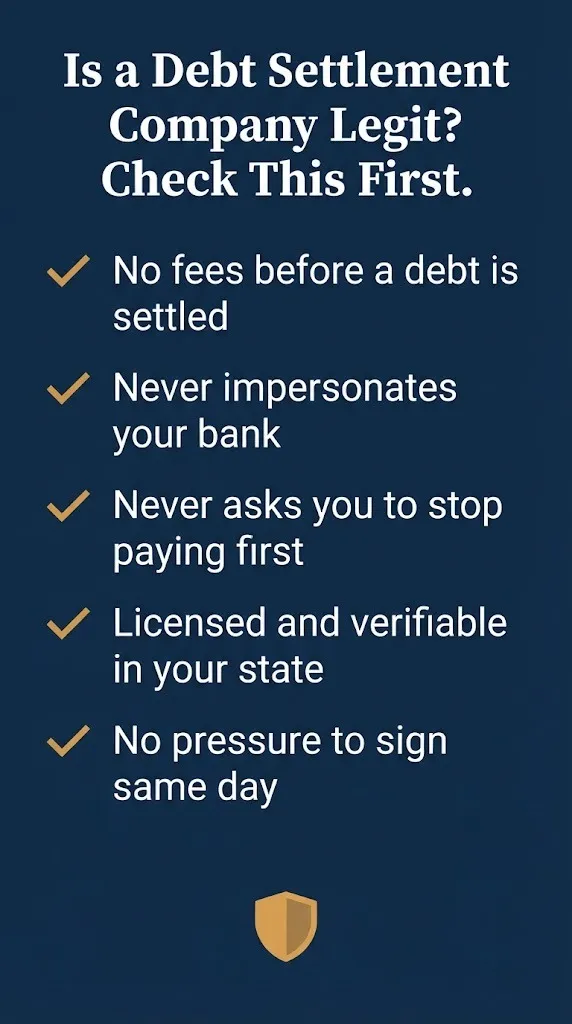 Checklist for spotting a legitimate credit card debt settlement company versus a scam operation.
