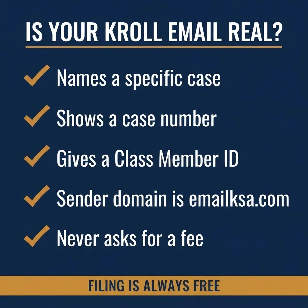 Checklist for verifying a Kroll settlement administration email, including sender domain and no-fee rule.