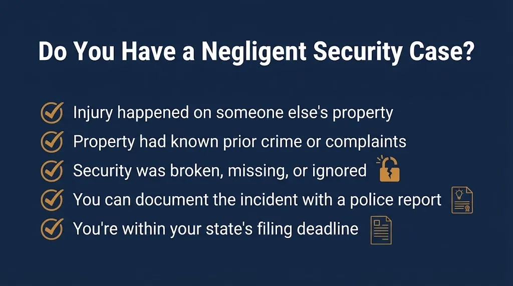 Checklist graphic outlines five signs you may have grounds for a negligent security lawsuit in 2026.