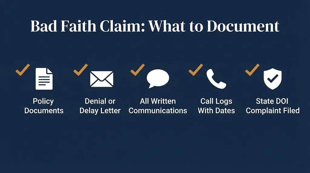 Checklist graphic showing documents needed to support a bad faith insurance lawsuit claim.