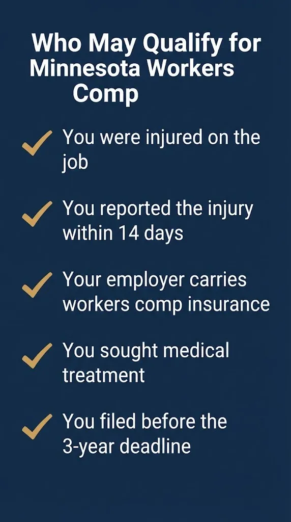 Checklist graphic showing five eligibility factors for Minnesota workers compensation claims.