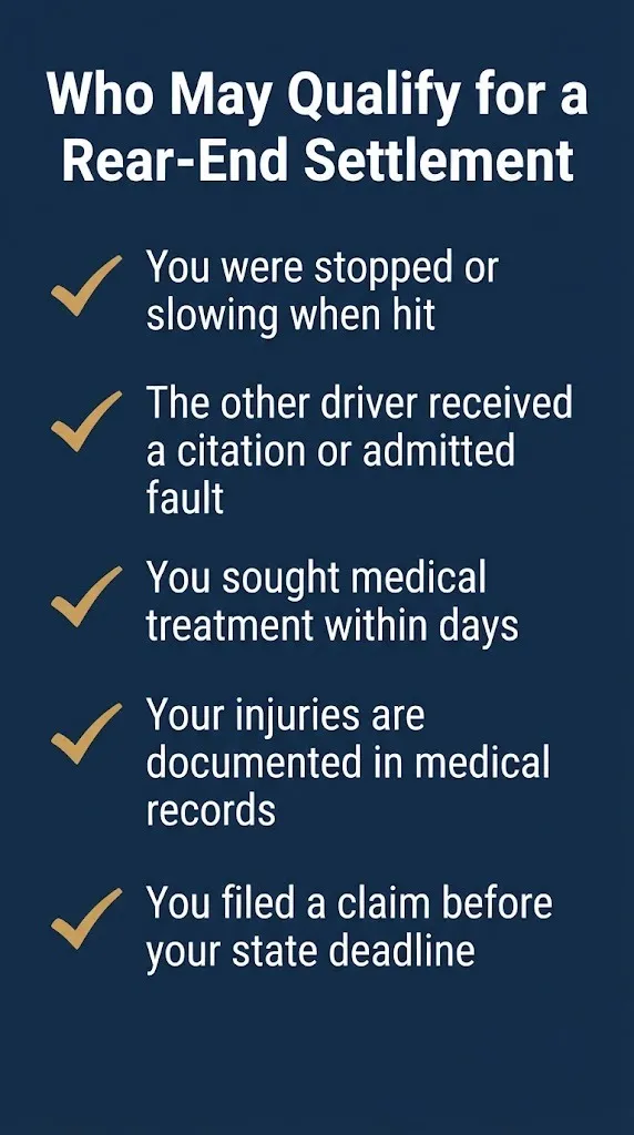 Checklist graphic showing five eligibility factors for a getting rear-ended while stopped settlement claim.