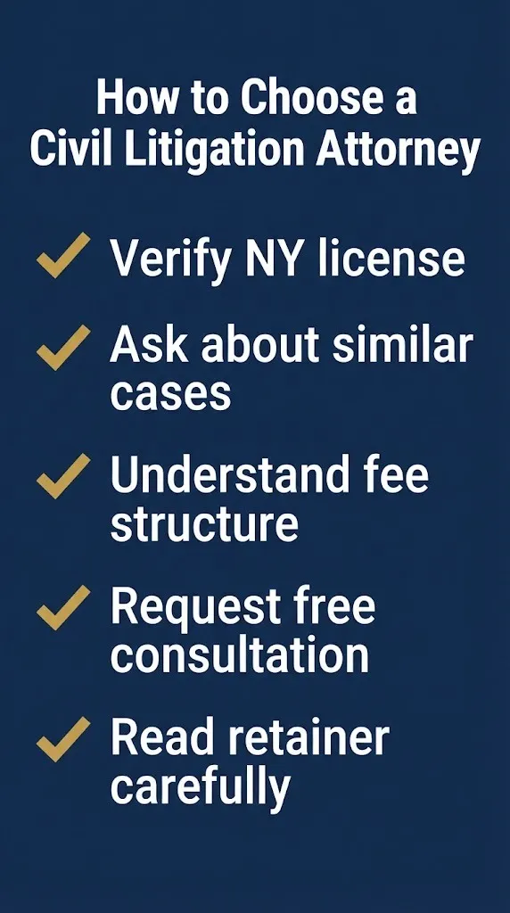 Checklist graphic showing five steps to choose a civil litigation attorney in NYC.