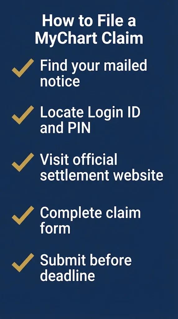 Checklist graphic showing five steps to file a MyChart settlement claim.
