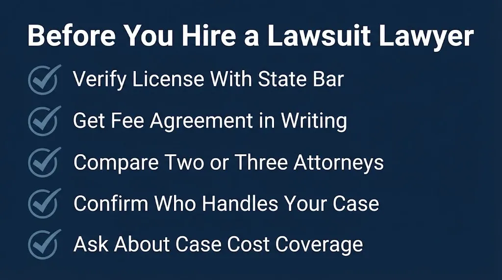 Checklist graphic showing five steps to take before hiring lawyers for lawsuits in 2026.