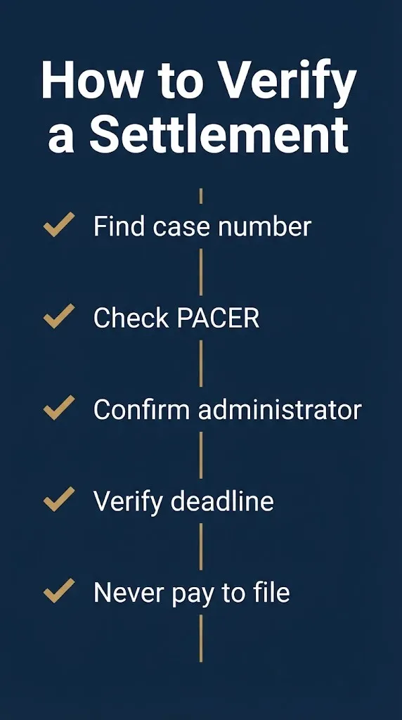 Checklist graphic showing five steps to verify a class action settlement without paying fees.