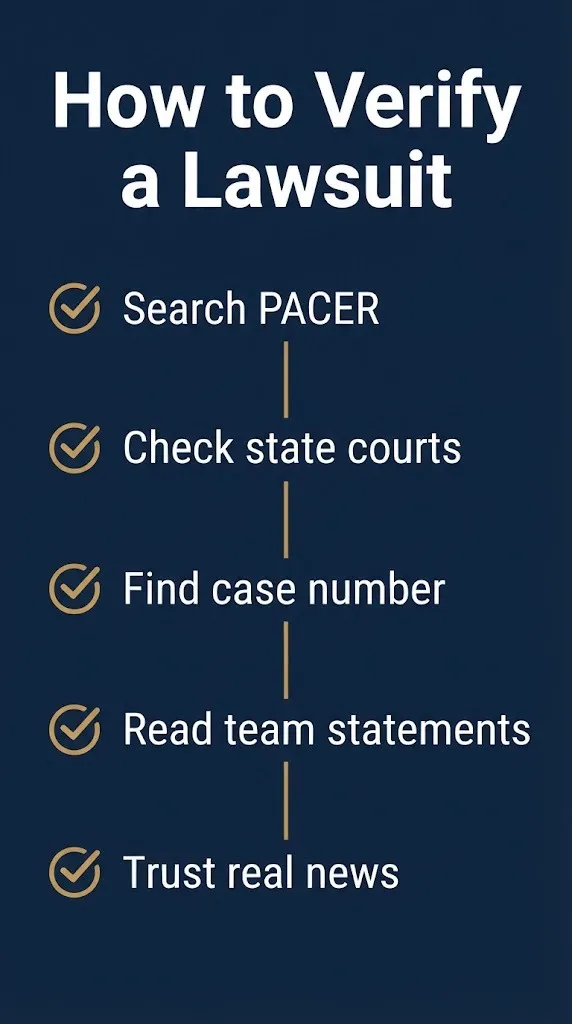 Checklist graphic showing five steps to verify if a racing lawsuit actually exists.