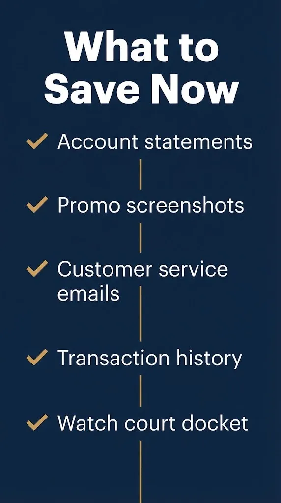 Checklist graphic showing five things FanDuel and DraftKings users should save for potential claims.