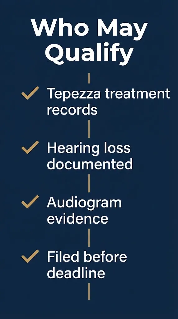 Checklist graphic showing four eligibility factors for a Tepezza hearing loss lawsuit.