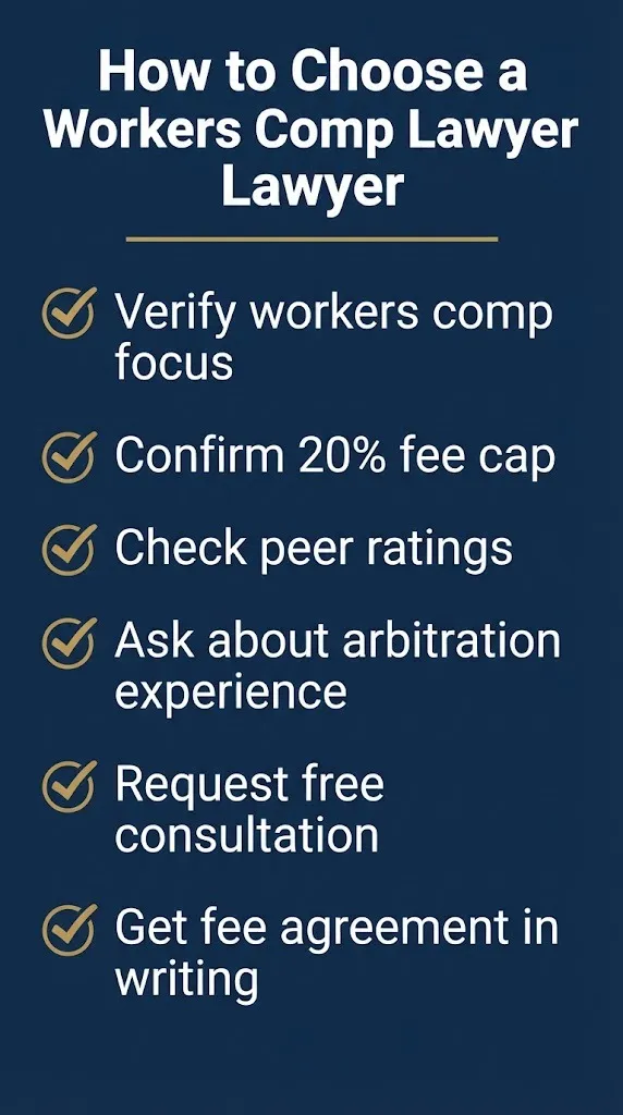 Checklist graphic showing how to choose a workers compensation attorney in Chicago with fee verification steps.
