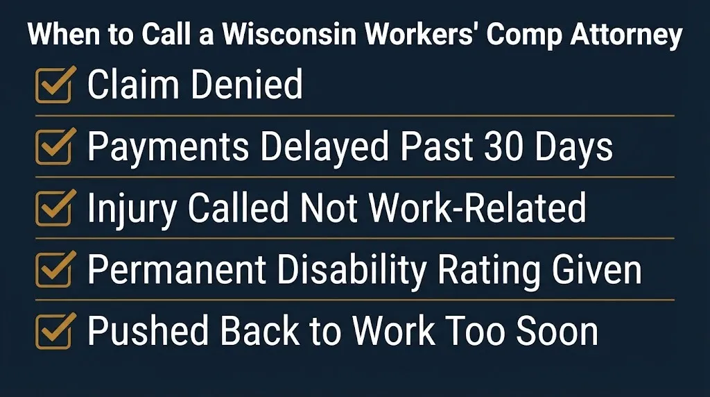 Checklist graphic showing signs it may be time to hire a Wisconsin workers compensation attorney.
