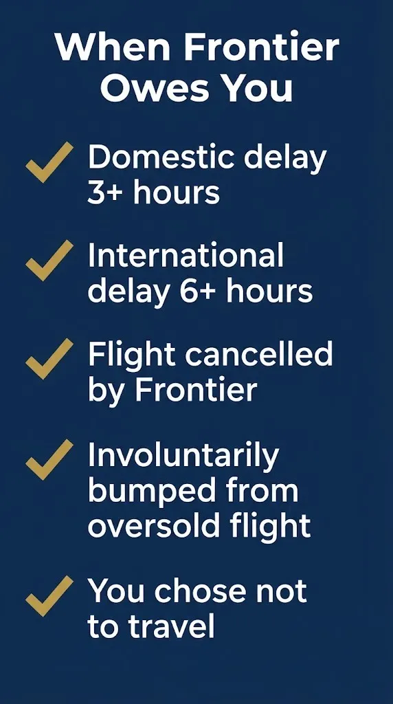 Checklist graphic showing when Frontier Airlines owes passengers refunds or compensation.
