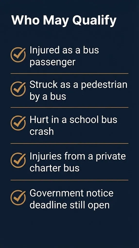 Checklist graphic titled Who May Qualify showing five bus accident compensation eligibility factors for 2026.
