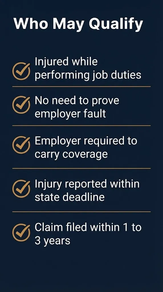 Checklist graphic titled Who May Qualify showing five factors for workers compensation benefits eligibility in 2026.