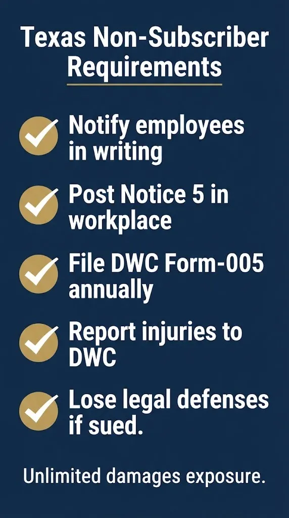 Checklist of Texas non-subscriber workers' comp requirements including notice, filing, and lost legal defenses.