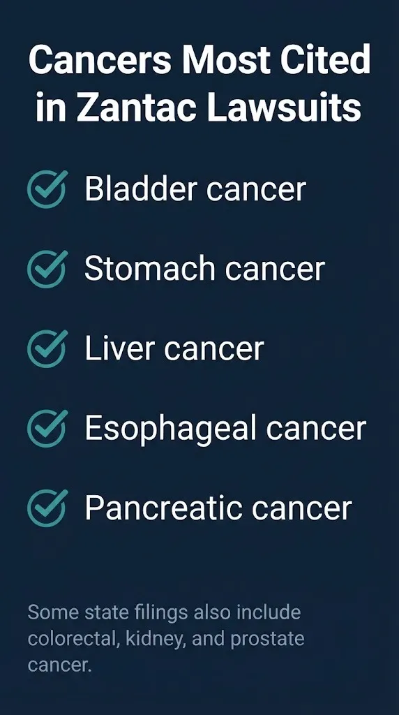 Checklist of cancers most commonly cited in Zantac lawsuit filings as of the 2026 update.