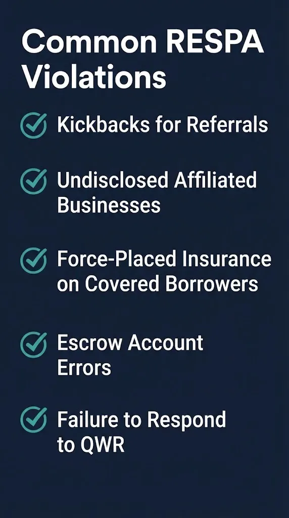 Checklist of common RESPA violations including kickbacks and force-placed insurance