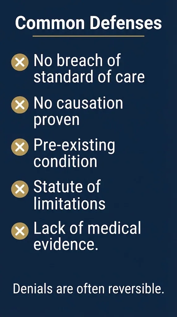 Checklist of common compensation defense mechanisms including no causation, pre-existing condition, and statute of limitations.