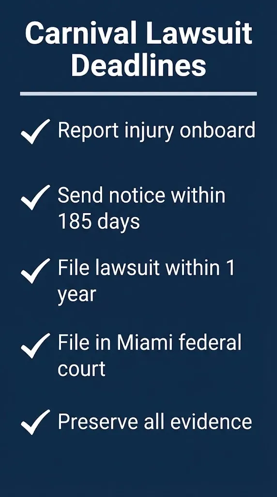Checklist of deadlines for filing a Carnival cruise injury lawsuit in 2026.