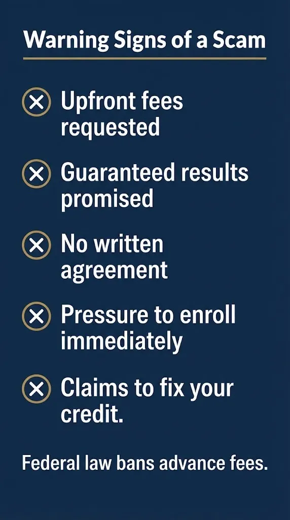 Checklist of debt settlement scam warning signs including upfront fees and guaranteed results promises.