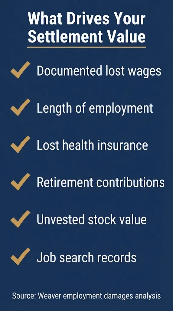 Checklist of factors that drive wrongful termination settlement value calculations.