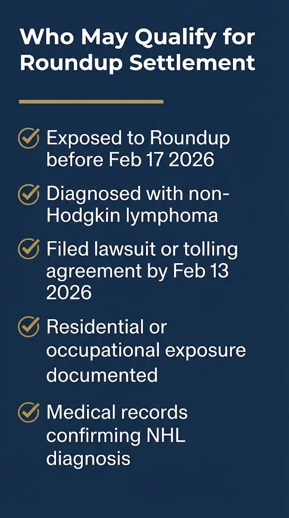 Checklist of who may qualify for Roundup settlement including NHL diagnosis and exposure proof.