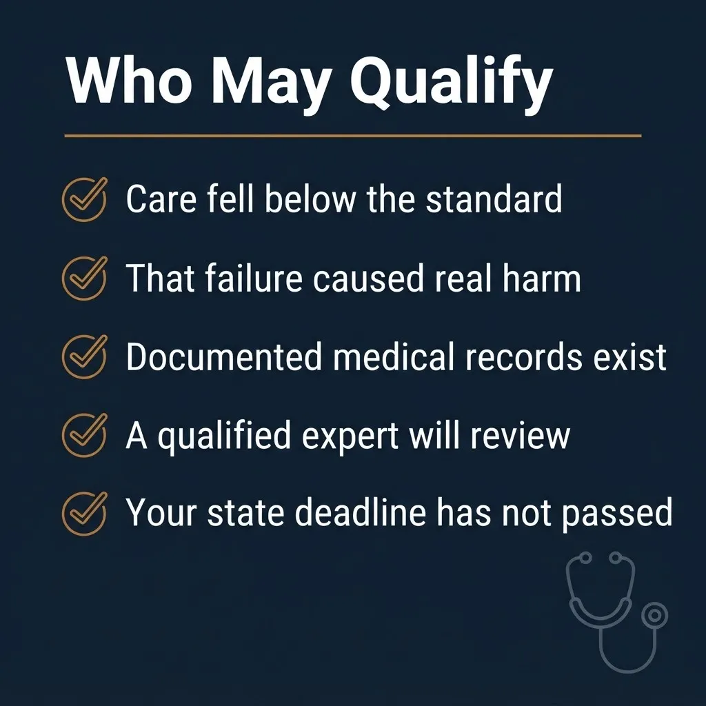 Checklist of who may qualify to file a medical lawsuit, covering standard of care, harm, records and deadlines.