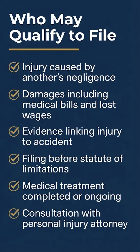Checklist of who may qualify to file a personal injury lawsuit including negligence and damages.