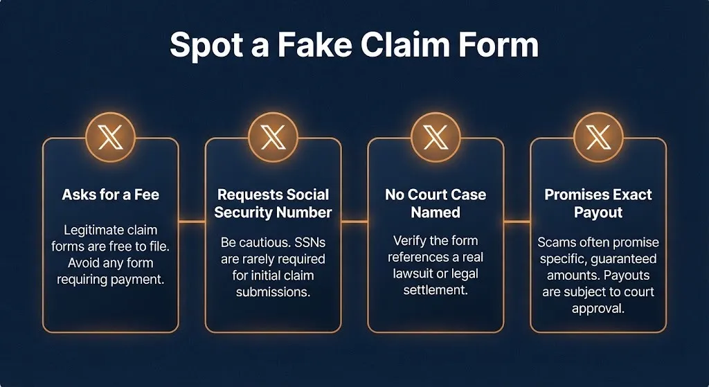 Checklist showing how to spot a fake Arby's settlement claim form.