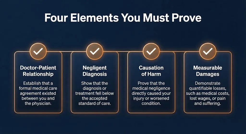 Checklist showing the four elements to prove in a misdiagnosis lawsuit.