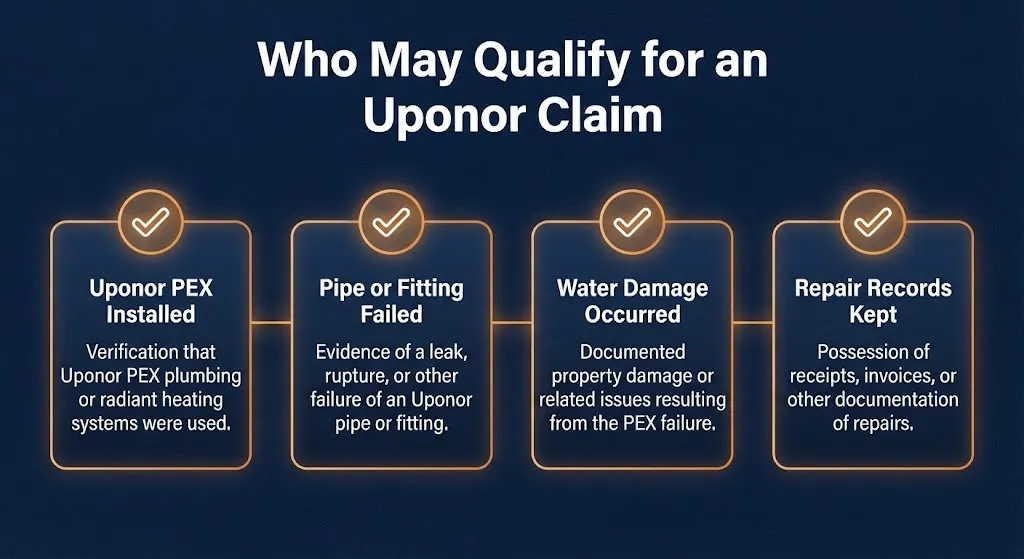 Checklist showing who may qualify for an Uponor PEX lawsuit claim.