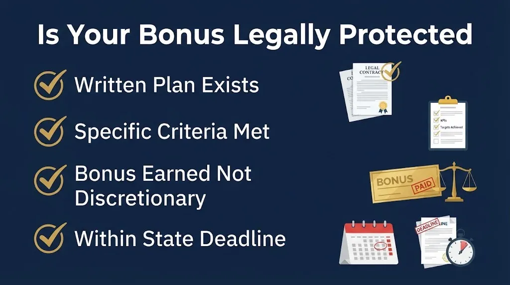 Checklist to determine if a bonus is legally protected through written plans, criteria, and deadlines.