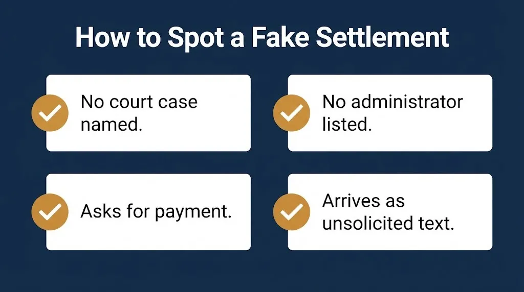 Checklist to spot a fake settlement using court case and administrator verification