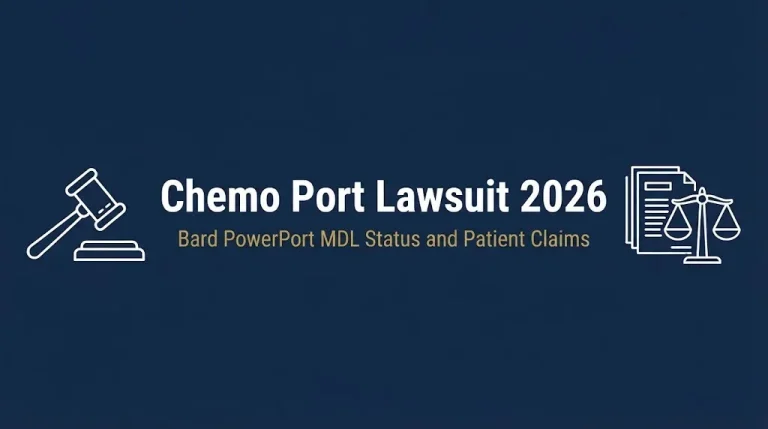 Chemo port lawsuit 2026 banner with Bard PowerPort MDL status text.