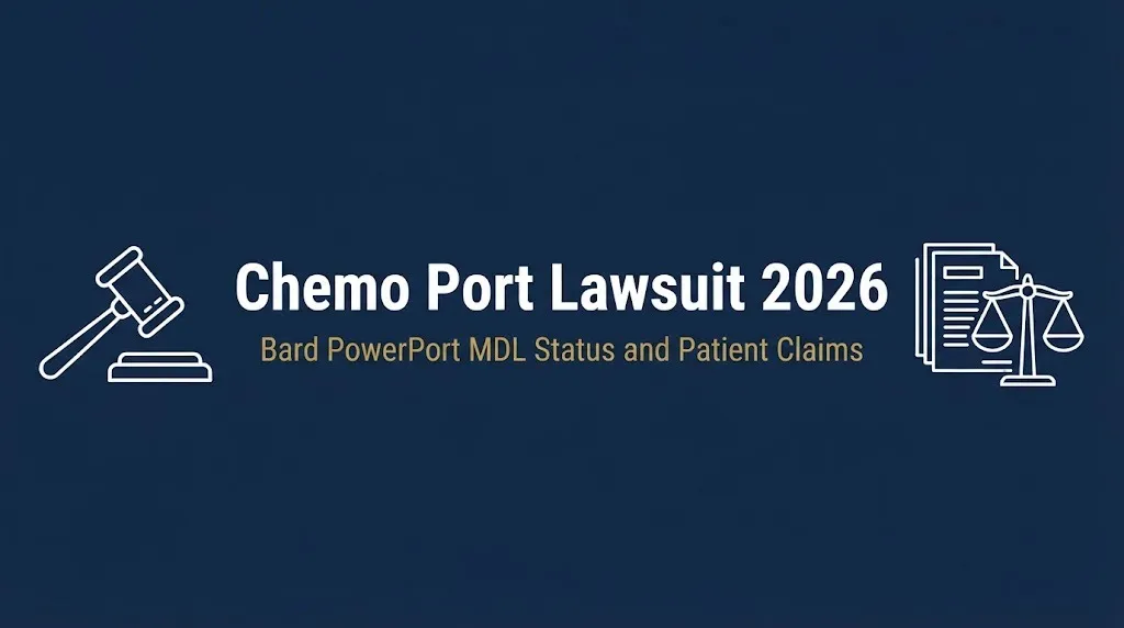 Chemo port lawsuit 2026 banner with Bard PowerPort MDL status text.