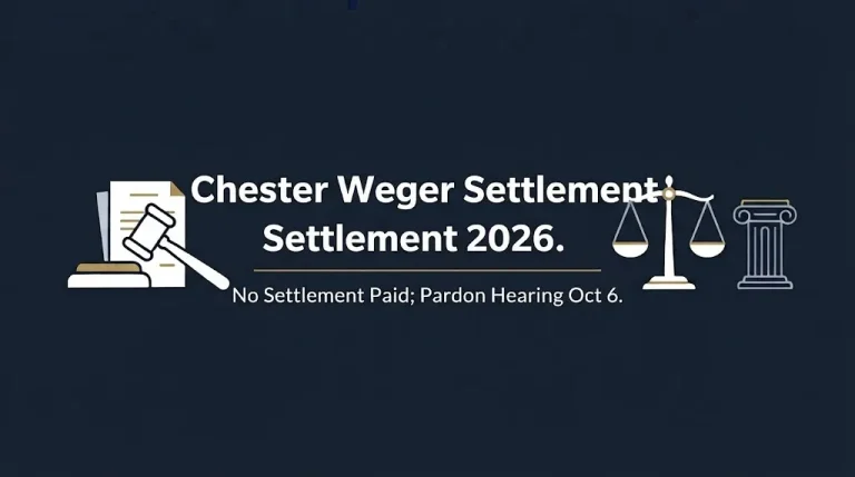 Chester Weger settlement 2026 hero banner stating no settlement paid and pardon hearing October 6.