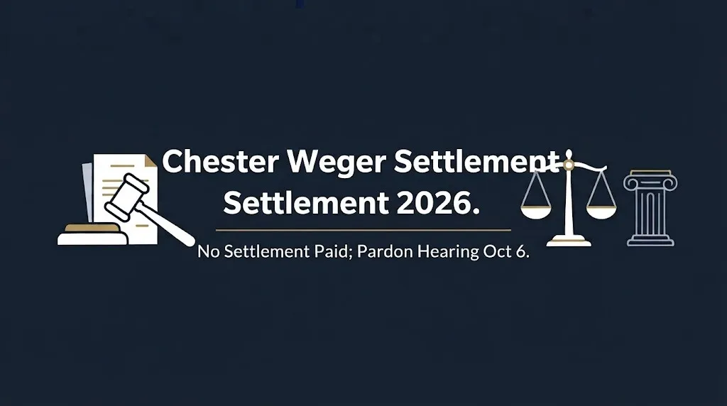 Chester Weger settlement 2026 hero banner stating no settlement paid and pardon hearing October 6.