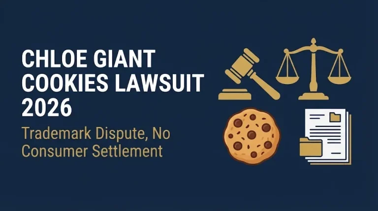 Chloe Giant Cookies lawsuit 2026 headline with gavel and cookie icon showing trademark dispute with no consumer settlement.
