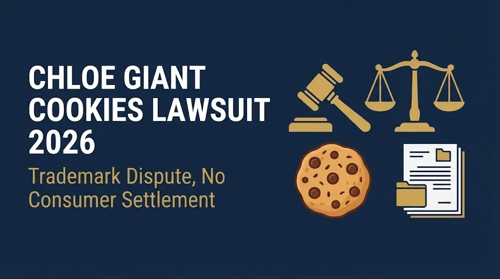 Chloe Giant Cookies lawsuit 2026 headline with gavel and cookie icon showing trademark dispute with no consumer settlement.